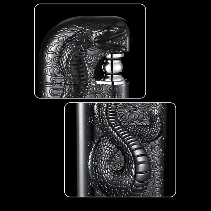 Accendino a butano ricaricabile con motivo a doppia fiamma e motivo Serpent King in rilievo - image 11