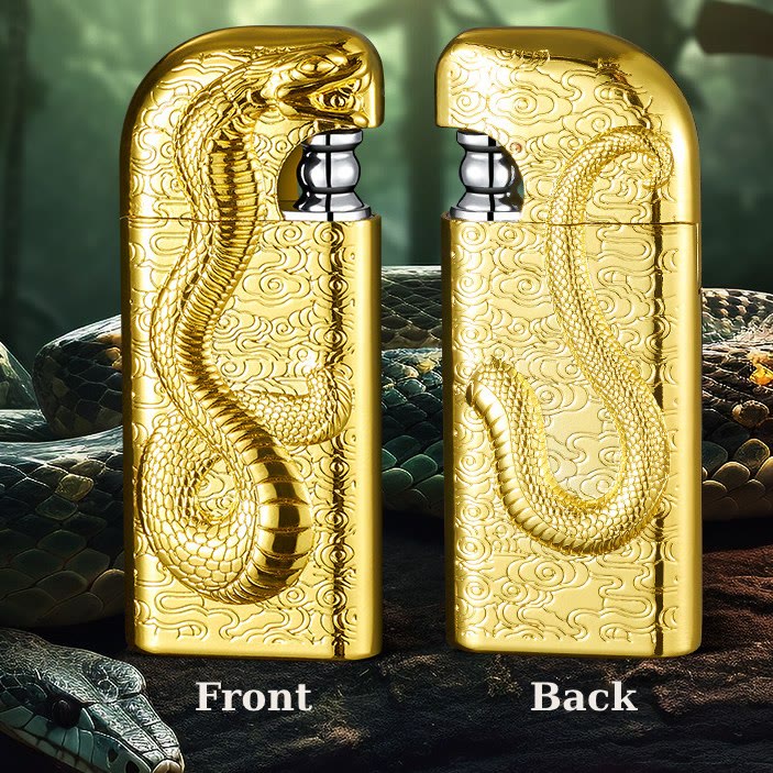Accendino a butano ricaricabile con motivo a doppia fiamma e motivo Serpent King in rilievo - image 7