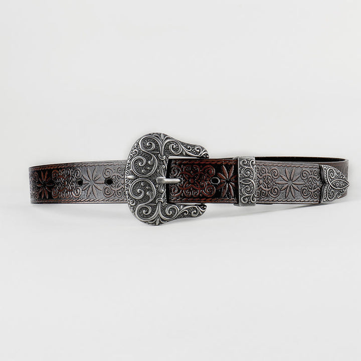 Cintura in pelle marrone con motivo floreale in rilievo da donna, stile western da cowgirl - image 2