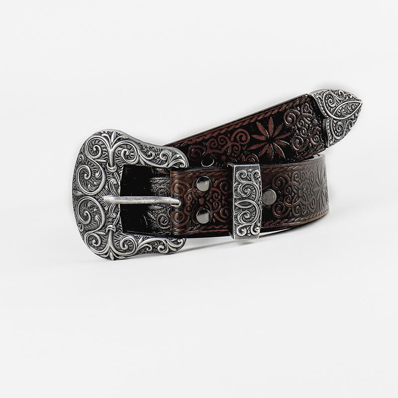 Cintura in pelle marrone con motivo floreale in rilievo da donna, stile western da cowgirl - Marrone caffè - 36 - image 0