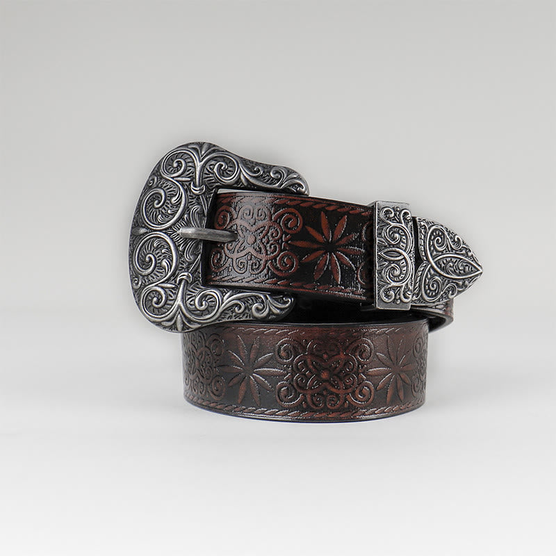 Cintura in pelle marrone con motivo floreale in rilievo da donna, stile western da cowgirl - image 1