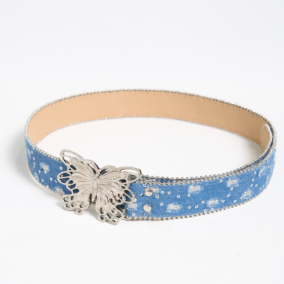 Cintura in pelle con fibbia a farfalla in denim da donna - image 4