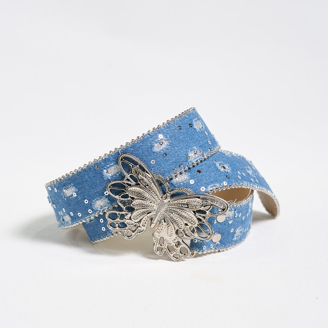 Cintura in pelle con fibbia a farfalla in denim da donna - image 2