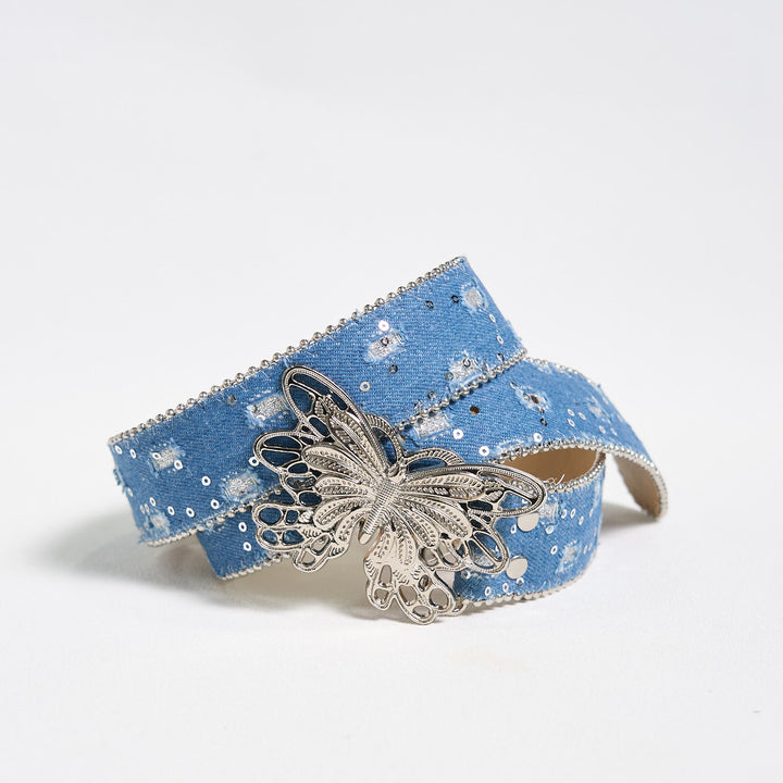 Cintura in pelle con fibbia a farfalla in denim da donna - image 2