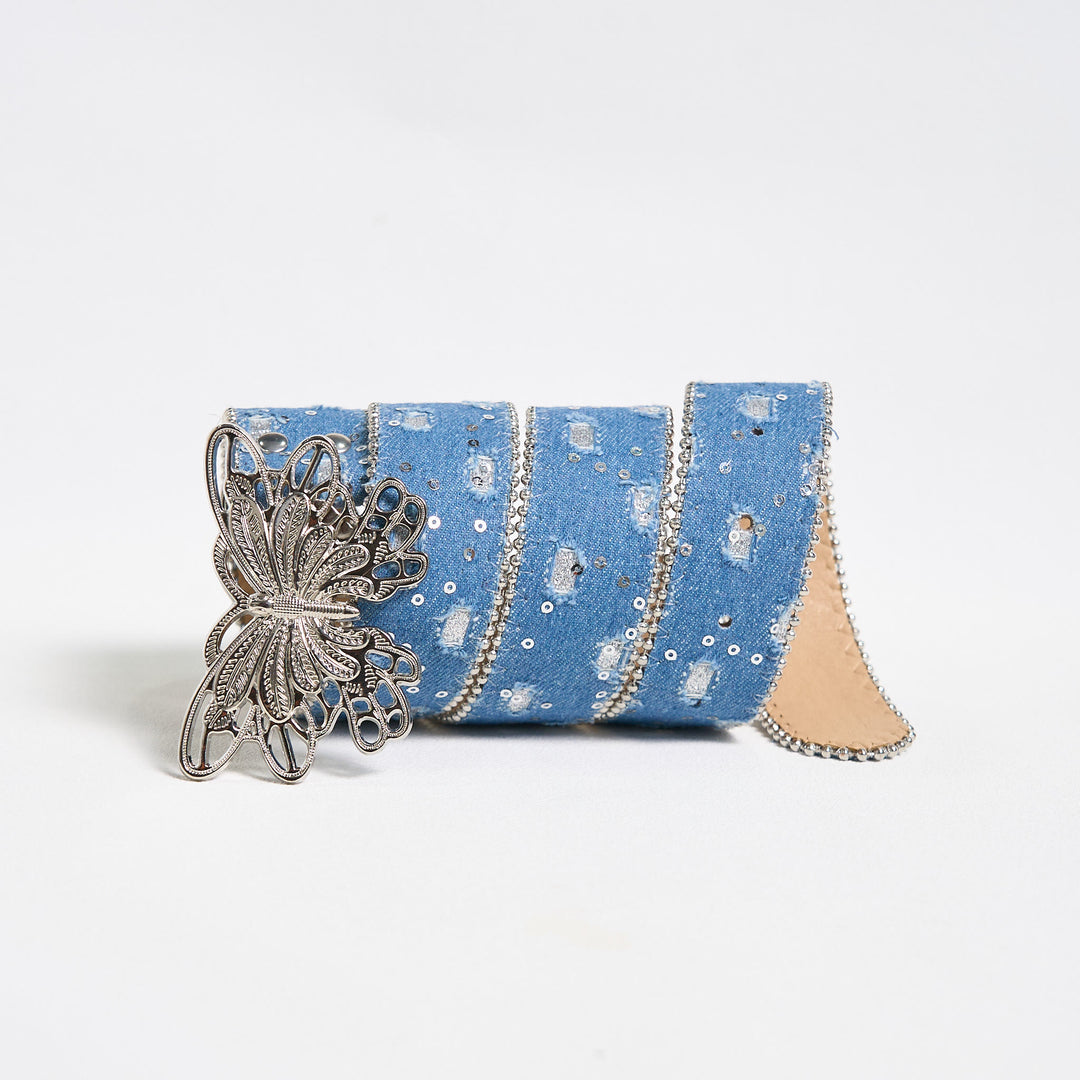 Cintura in pelle con fibbia a farfalla in denim da donna - image 3