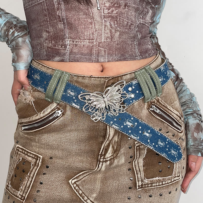 Cintura in pelle con fibbia a farfalla in denim da donna - Blu - 34 - image 0