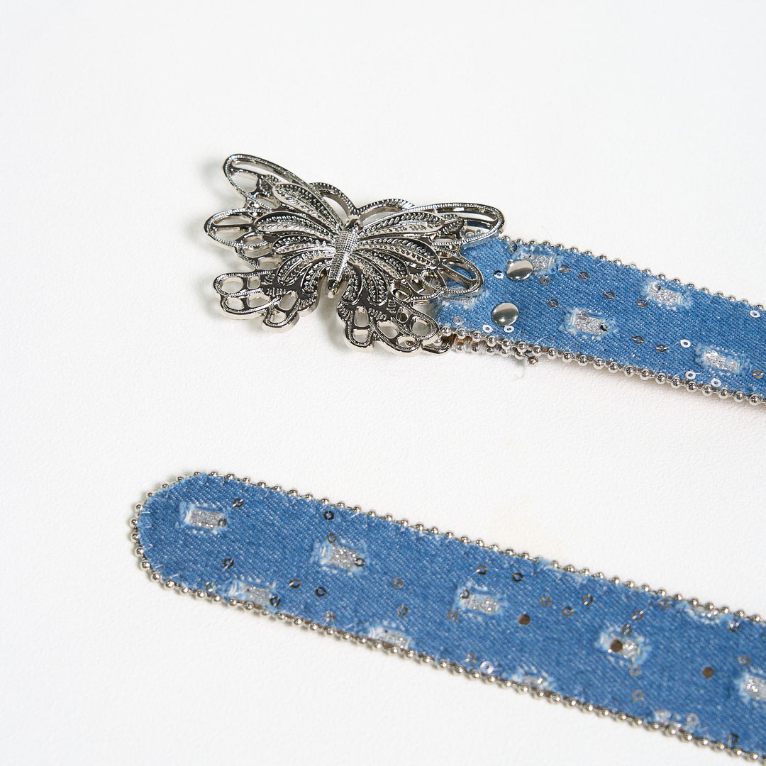 Cintura in pelle con fibbia a farfalla in denim da donna - image 5
