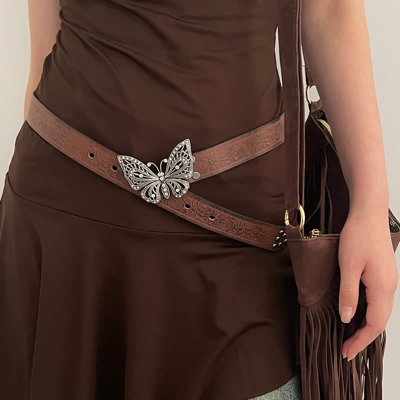 Cintura in pelle con fibbia a farfalla floreale in rilievo da donna, stile cowgirl - Marrone - 34 - image 0