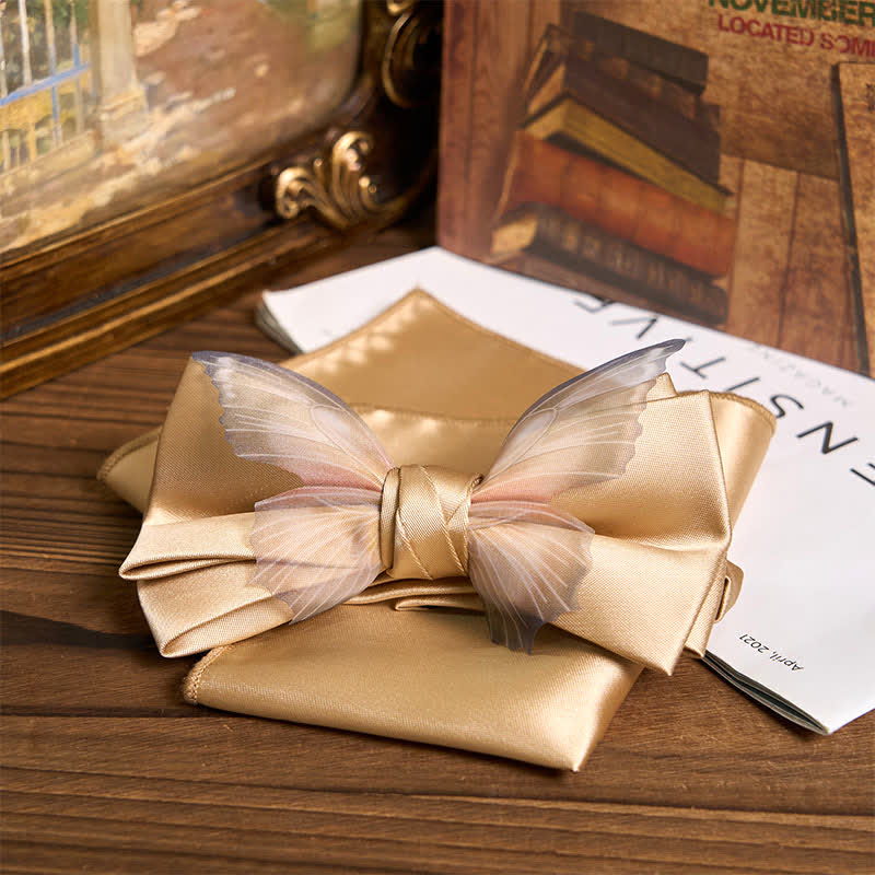 Set da taschino con papillon e fazzoletto da taschino a farfalla in organza vintage da uomo - Champagne - Papillon + fazzoletto da taschino - image 14
