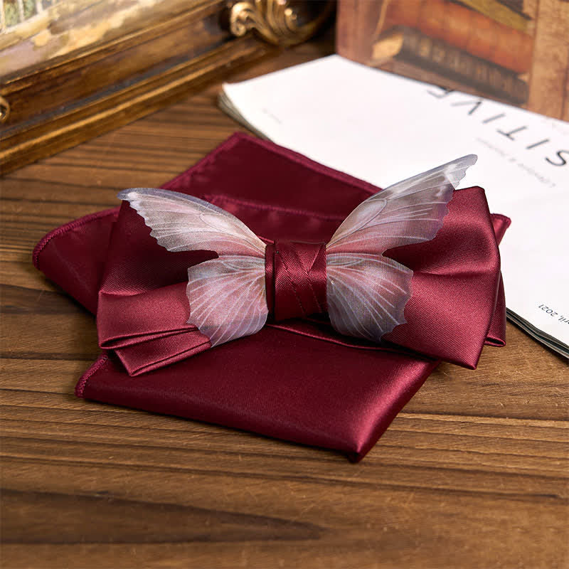 Set da taschino con papillon e fazzoletto da taschino a farfalla in organza vintage da uomo - Borgogna - Papillon + fazzoletto da taschino - image 18
