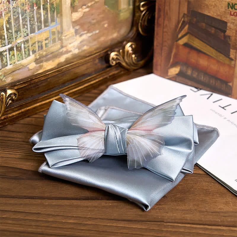 Set da taschino con papillon e fazzoletto da taschino a farfalla in organza vintage da uomo - Argento - Papillon + fazzoletto da taschino - image 8