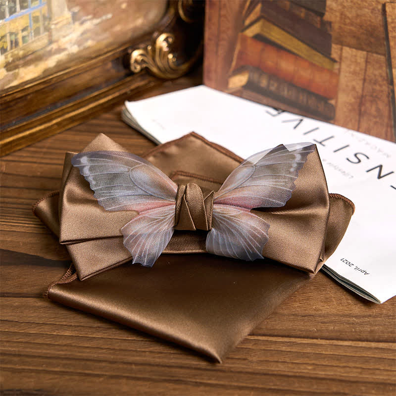 Set da taschino con papillon e fazzoletto da taschino a farfalla in organza vintage da uomo - Caffè - Papillon + fazzoletto da taschino - image 16