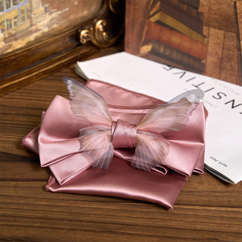 Set da taschino con papillon e fazzoletto da taschino a farfalla in organza vintage da uomo - Rosa - Papillon + fazzoletto da taschino - image 22