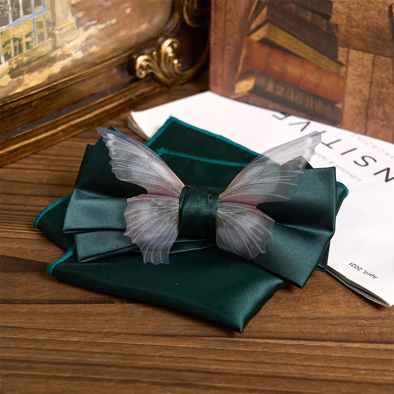 Set da taschino con papillon e fazzoletto da taschino a farfalla in organza vintage da uomo - Verde - Papillon + fazzoletto da taschino - image 20