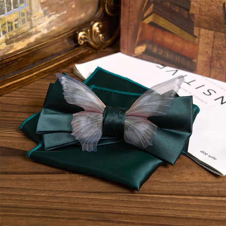 Set da taschino con papillon e fazzoletto da taschino a farfalla in organza vintage da uomo - Verde - Papillon + fazzoletto da taschino - image 20