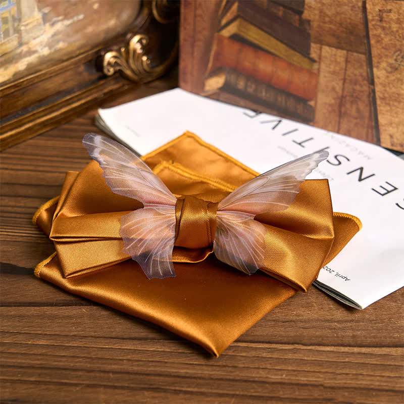 Set da taschino con papillon e fazzoletto da taschino a farfalla in organza vintage da uomo - Giallo - Papillon + fazzoletto da taschino - image 10