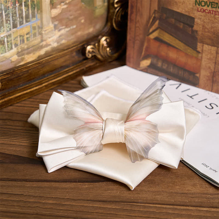 Set da taschino con papillon e fazzoletto da taschino a farfalla in organza vintage da uomo - Avorio - Papillon + fazzoletto da taschino - image 3