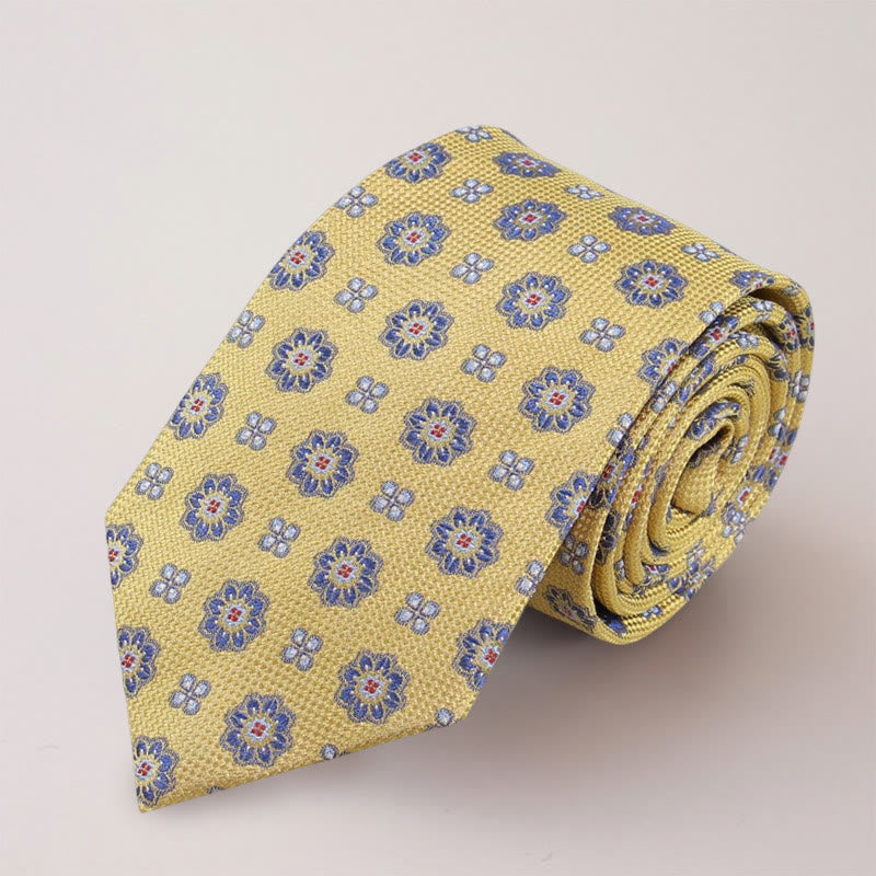Cravatta da uomo in seta di gelso con mini fiori blu - Giallo - image 0