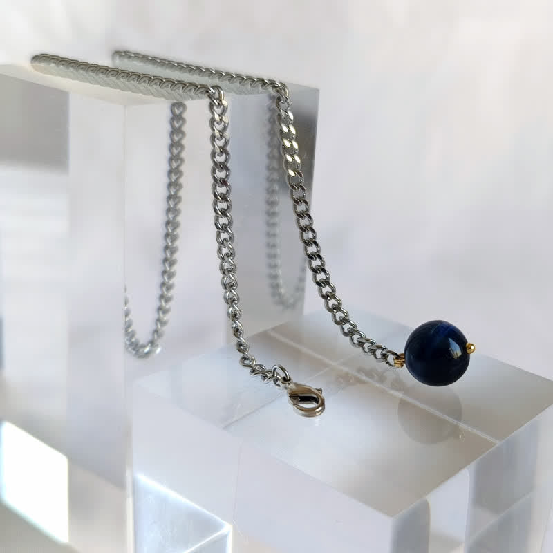 Spilla da uomo con catena a bavero in pietra naturale placcata in oro 18 carati e catena pendente - Pietra Occhio di Tigre Blu - Argento - image 17