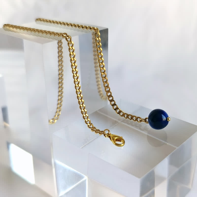 Spilla da uomo con catena a bavero in pietra naturale placcata in oro 18 carati e catena pendente - Pietra Occhio di Tigre Blu - Oro - image 14