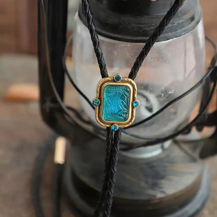 Cravatta Bolo in stile palazzo retrò con paesaggio marino blu e verde - Corda di cuoio - image 2