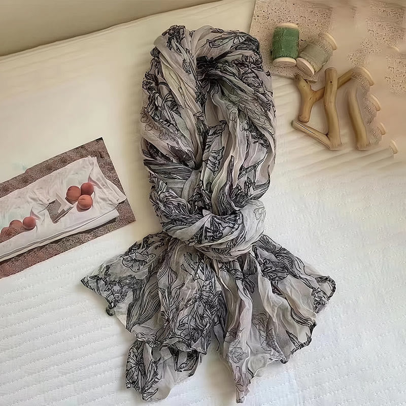 Sciarpa sottile da donna in cotone e lino leggero con stampa floreale - Nero - image 0
