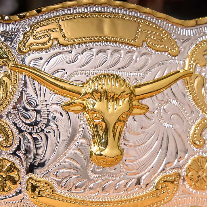 Cintura in pelle con fibbia da cowboy western fai da te con testa di toro d'oro - image 3