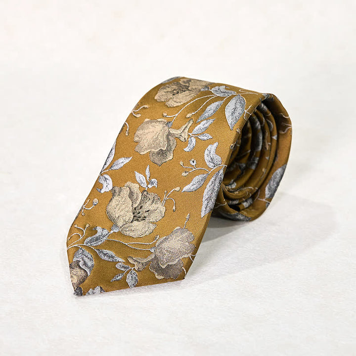 Cravatta da ufficio con stampa floreale elegante da uomo, fazzoletto da taschino - Verga d'oro scura - Cravatta - image 0
