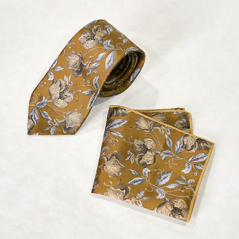 Cravatta da ufficio con stampa floreale elegante da uomo, fazzoletto da taschino - Verga d'oro scura - Cravatta + Fazzoletto da taschino - image 2