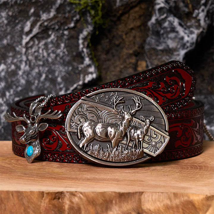 Set di fibbia per cintura con bandiera di cervo fai da te, coltello nascosto e ciondolo a forma di testa di alce - Cervo - Cintura marrone intagliata - 42 - image 7