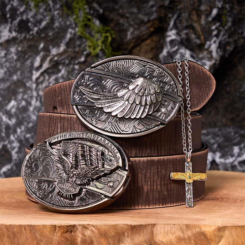 Set di cintura con fibbia fai da te con coltello nascosto e collana con croce d'aquila - Ali d'aquila - Cintura marrone anticata - 42 - image 6