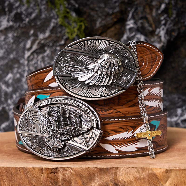 Set di cintura con fibbia fai da te con coltello nascosto e collana con croce d'aquila - Ali d'aquila - Cintura di piume marroni - 40 - image 8