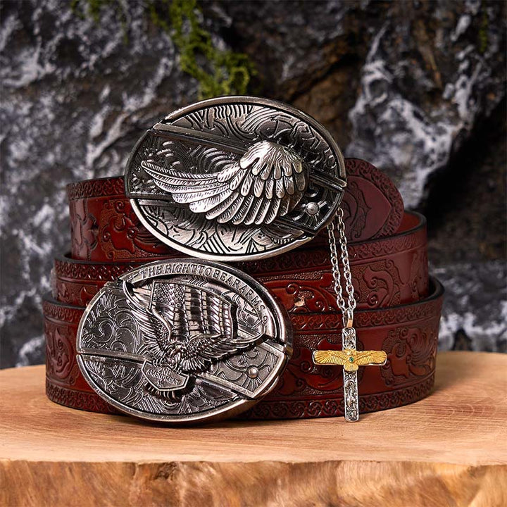 Set di cintura con fibbia fai da te con coltello nascosto e collana con croce d'aquila - Ali d'aquila - Cintura marrone intagliata - 42 - image 7