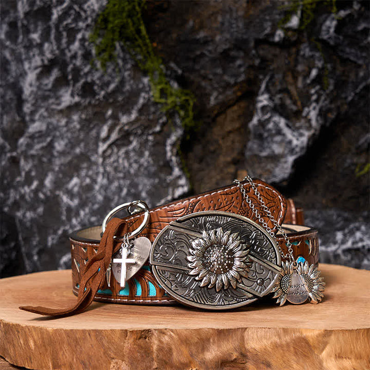 Set di portachiavi con fibbia per cintura, collana e coltello nascosto fai da te a forma di girasole occidentale - LUI - Cintura intagliata turchese - 42 - image 5