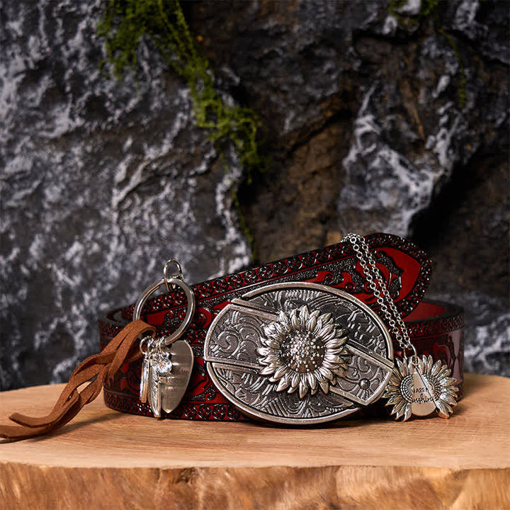 Set di portachiavi con fibbia per cintura, collana e coltello nascosto fai da te a forma di girasole occidentale - LUI - Cintura marrone intagliata - 42 - image 8