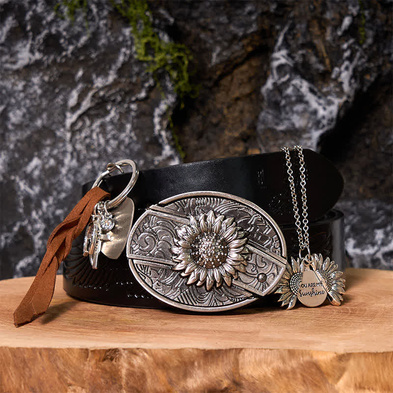 Set di portachiavi con fibbia per cintura, collana e coltello nascosto fai da te a forma di girasole occidentale - LUI - Cintura con aquila in rilievo nera - 42 - image 0