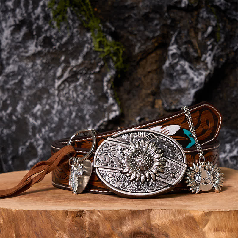 Set di portachiavi con fibbia per cintura, collana e coltello nascosto fai da te a forma di girasole occidentale - LUI - Cintura di piume marroni - 40 - image 9