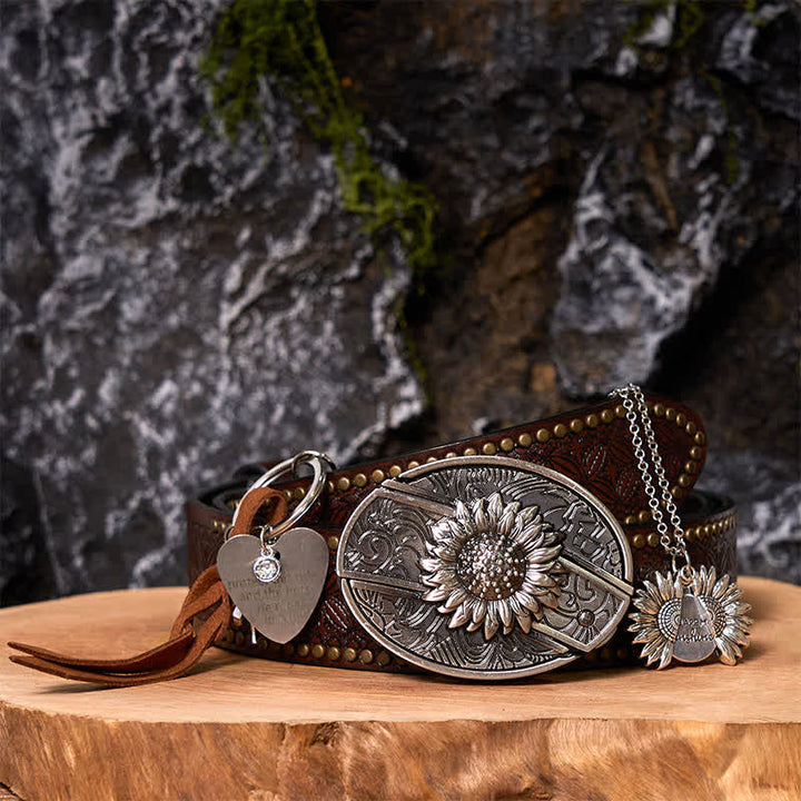 Set di portachiavi con fibbia per cintura, collana e coltello nascosto fai da te a forma di girasole occidentale - LUI - Cintura con rivetti marroni - 42 - image 6