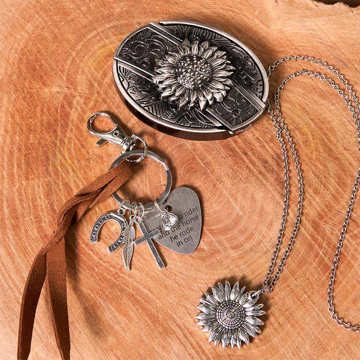 Set di portachiavi con fibbia per cintura, collana e coltello nascosto fai da te a forma di girasole occidentale - LUI - Senza cintura - Cintura non inclusa - image 1