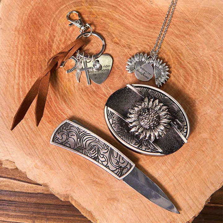 Set di portachiavi con fibbia per cintura, collana e coltello nascosto fai da te a forma di girasole occidentale - image 2