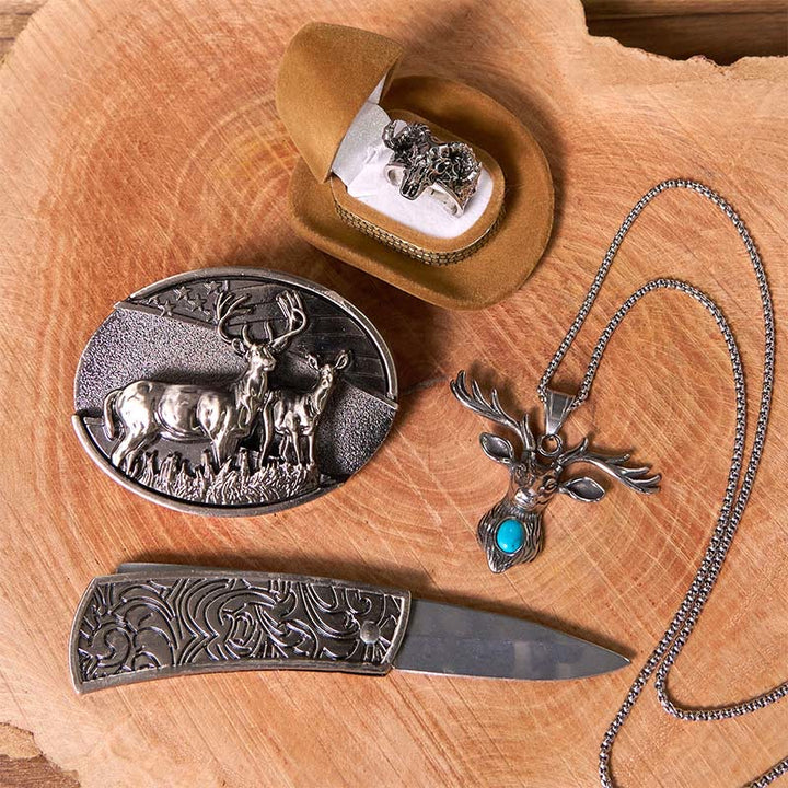 Set fai da te con fibbia per cintura con bandiera di cervo, coltello nascosto e anello fantasma di capra - image 2