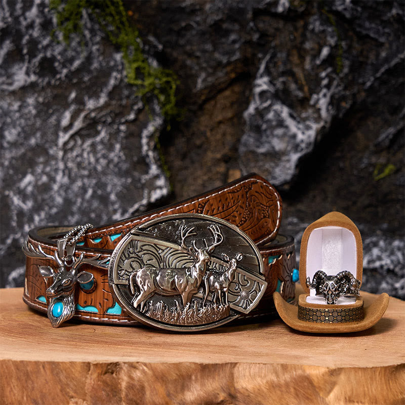 Set fai da te con fibbia per cintura con bandiera di cervo, coltello nascosto e anello fantasma di capra - Bandiera del cervo - Cintura intagliata turchese - 42 - image 7