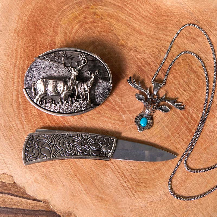 Set fai da te con fibbia per cintura con bandiera di cervo, coltello nascosto e anello fantasma di capra - image 3