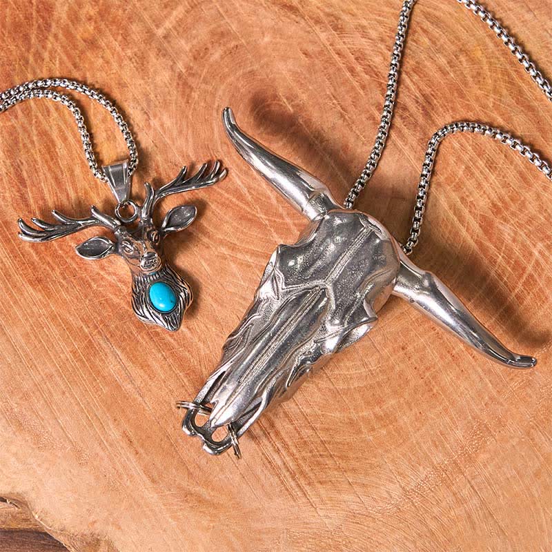 Set di collane con ciondolo a forma di toro dalle corna lunghe e testa di alce turchese - image 5