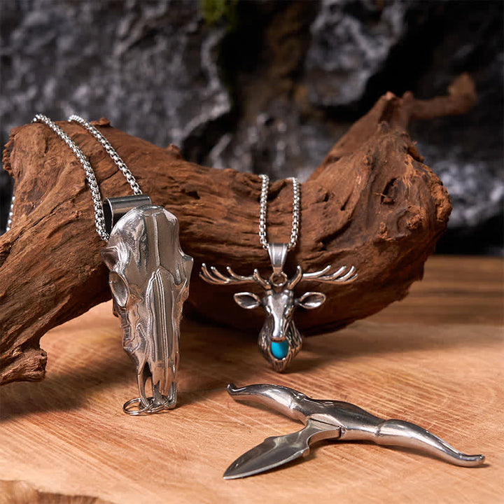 Set di collane con ciondolo a forma di toro dalle corna lunghe e testa di alce turchese - Argento - image 4