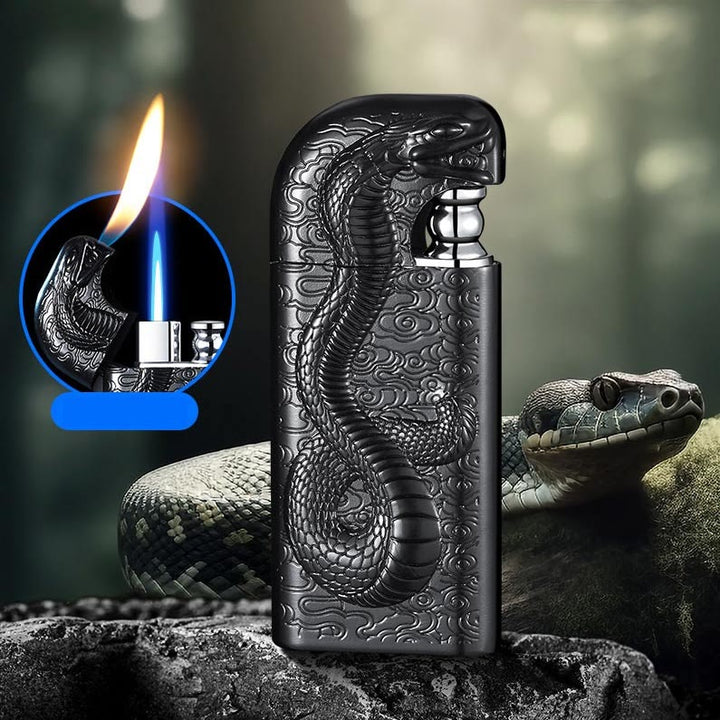 Accendino a butano ricaricabile con motivo a doppia fiamma e motivo Serpent King in rilievo - Nero - image 0