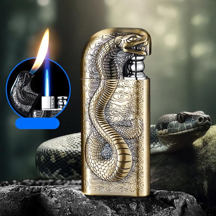 Accendino a butano ricaricabile con motivo a doppia fiamma e motivo Serpent King in rilievo - Verga d'oro - image 18