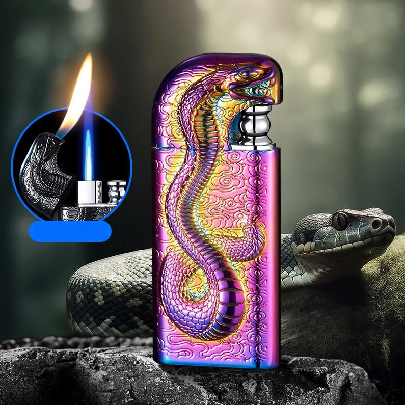 Accendino a butano ricaricabile con motivo a doppia fiamma e motivo Serpent King in rilievo - Viola - image 14