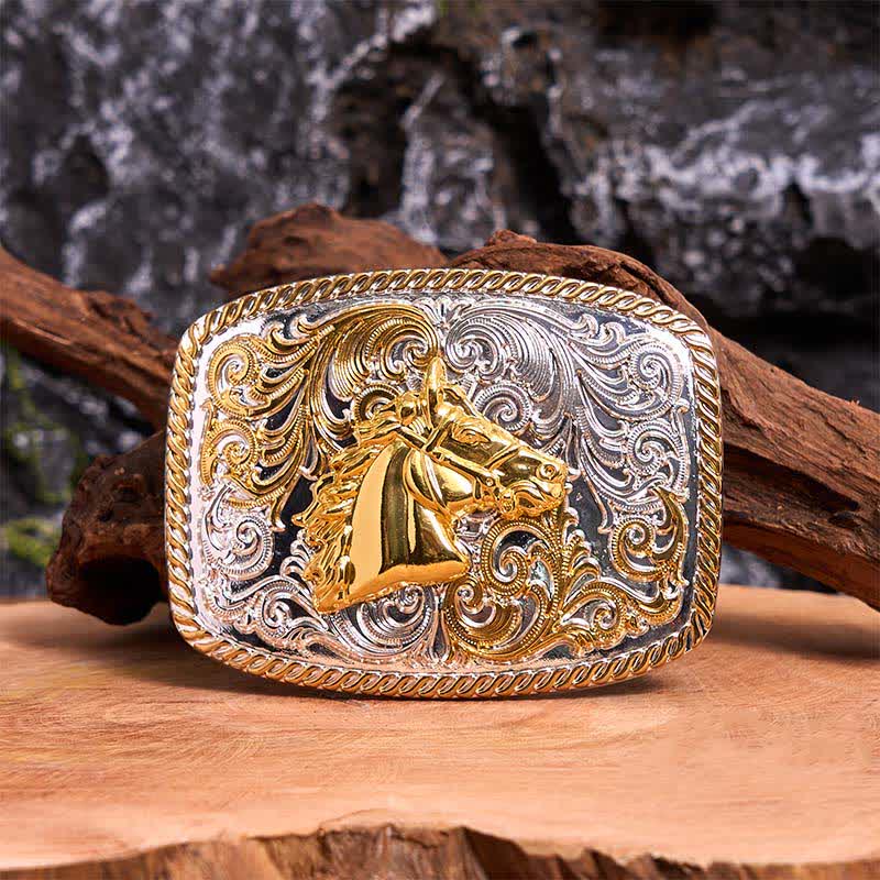 Cintura in pelle con fibbia grande fai da te con testa di cavallo in oro e argento - Testa di cavallo - Senza cintura - Cintura non inclusa - image 0