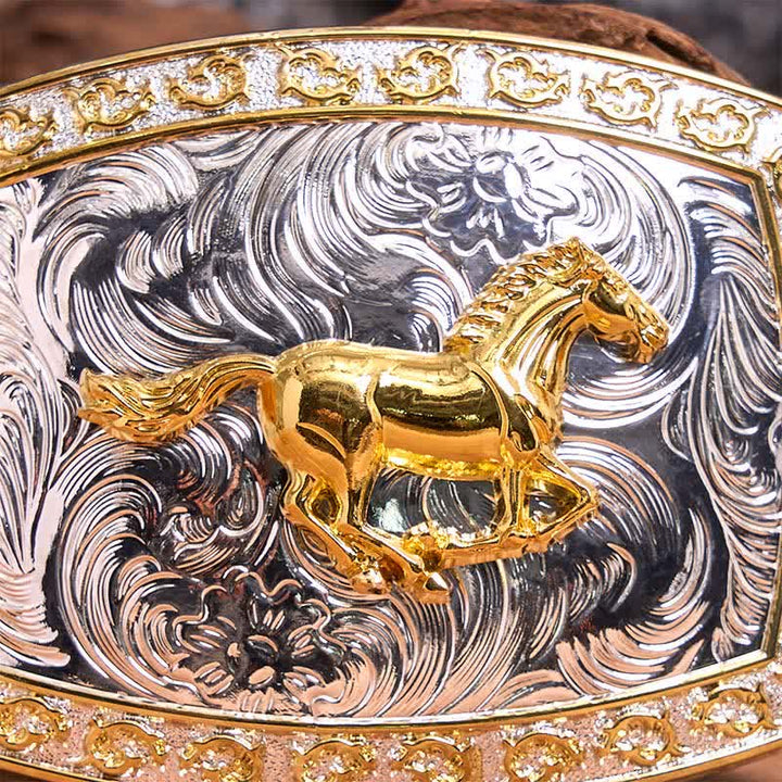 Cintura in pelle con fibbia grande fai da te a forma di cavallo in corsa in oro e argento - image 3